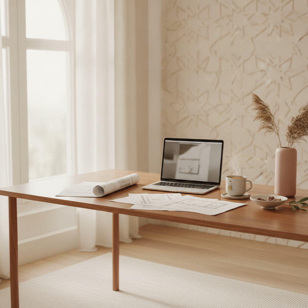 A woman reviewing paperwork at a desk with a laptop and a warm drink