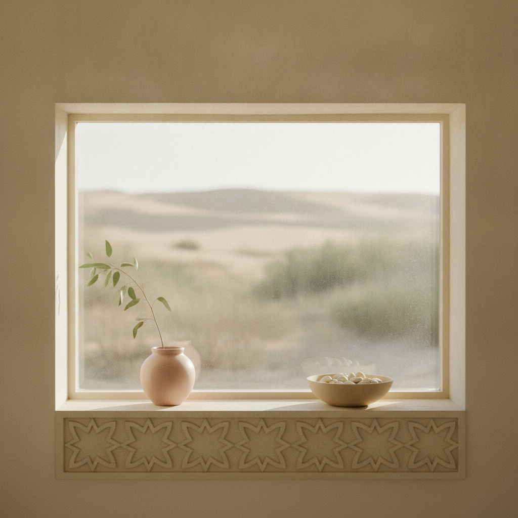 A woman looking out a window with a calm, reflective expression