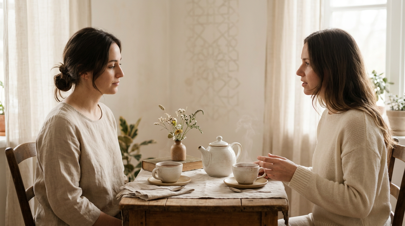Two women having tea across a table, one listening thoughtfully