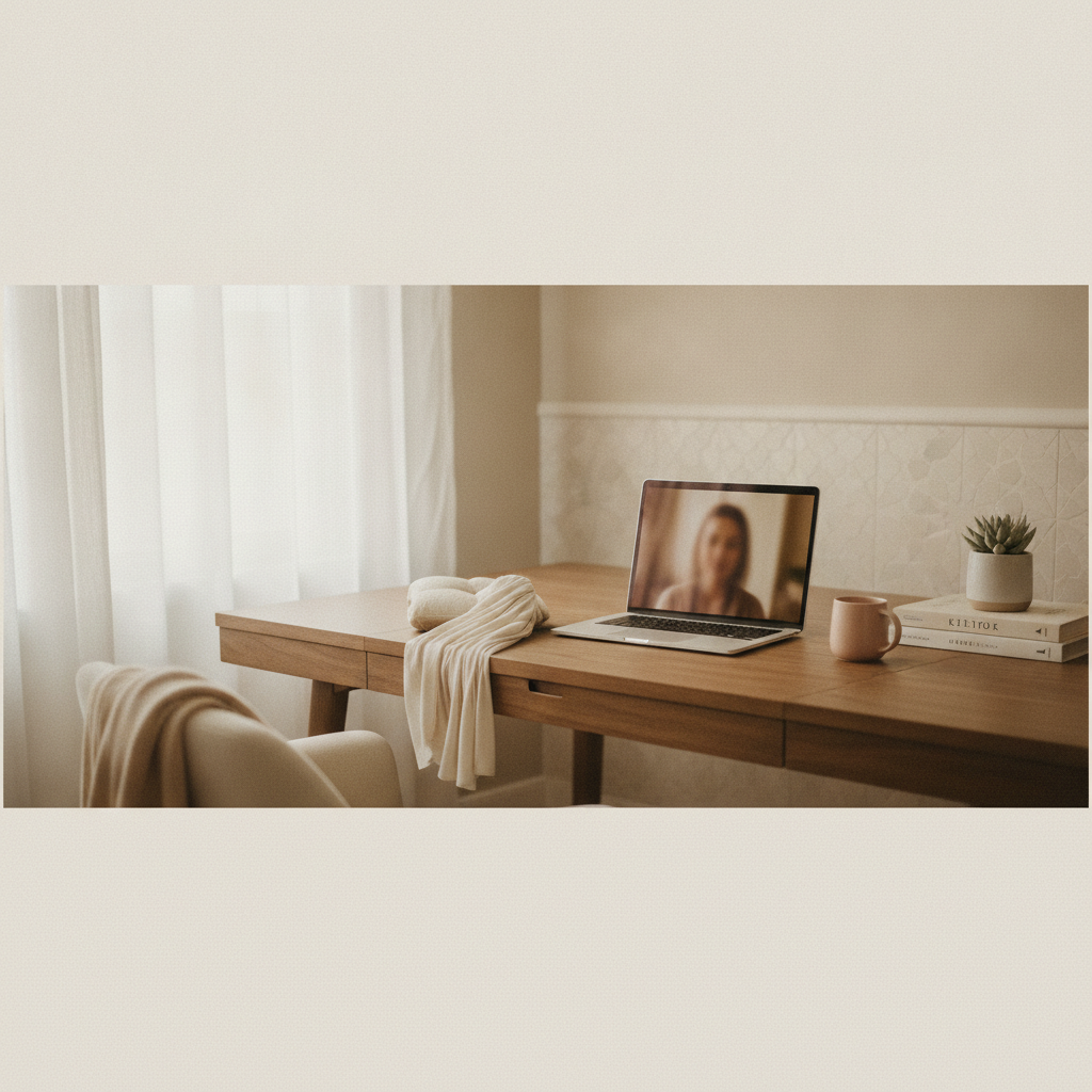 A woman in hijab speaking warmly to a laptop screen in a cozy room
