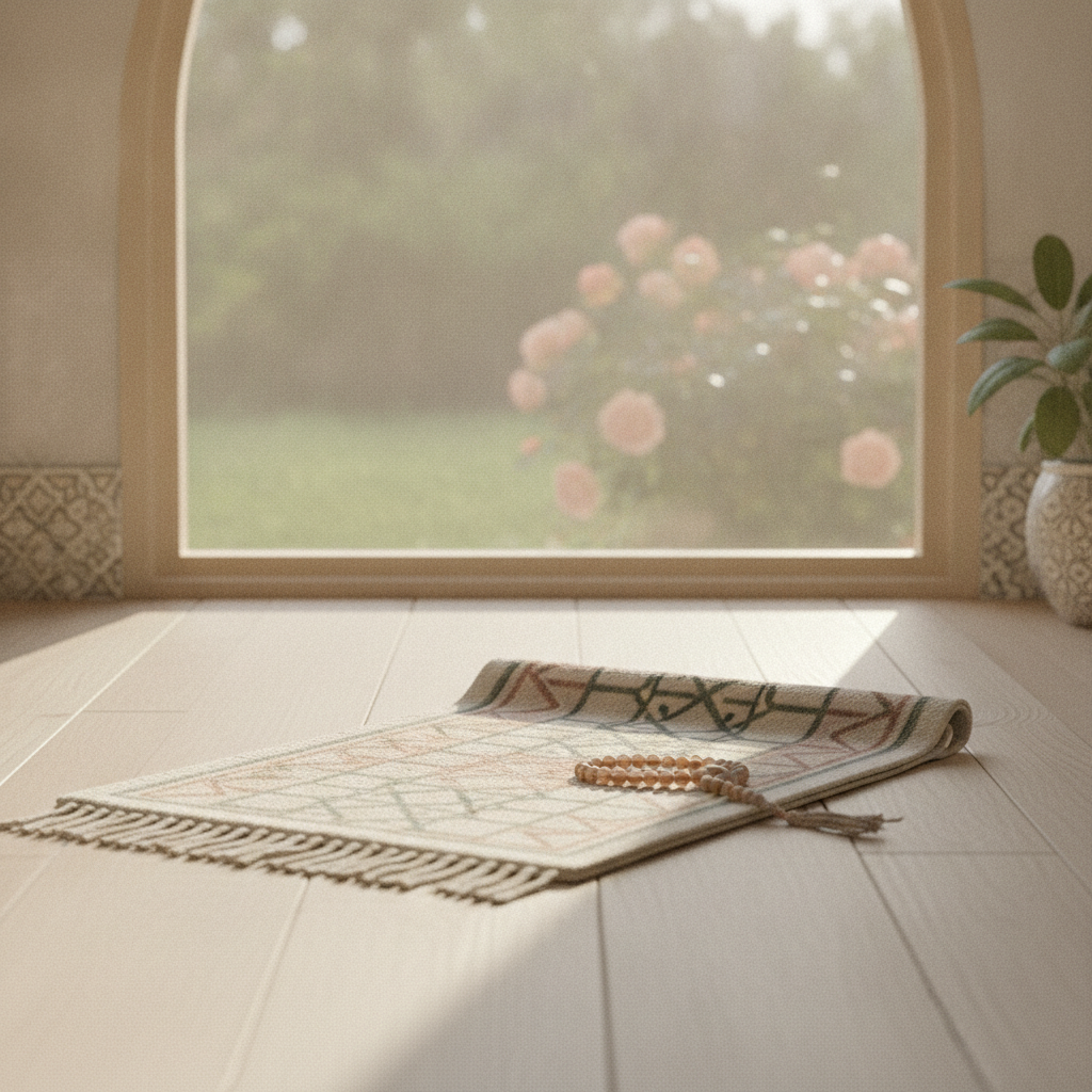 A prayer mat and prayer beads resting near a sunlit window
