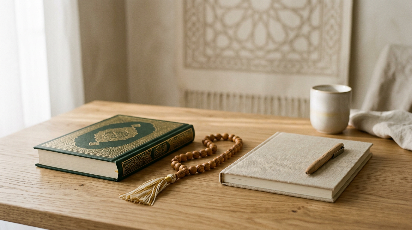 A Quran, prayer beads, and a notebook arranged calmly on a warm desk