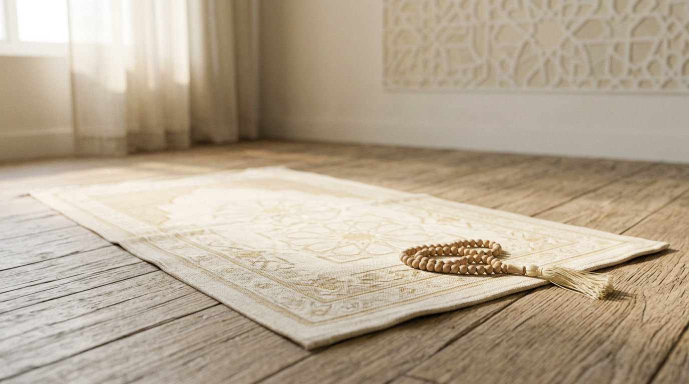 A prayer mat and prayer beads in soft morning light on a wooden floor