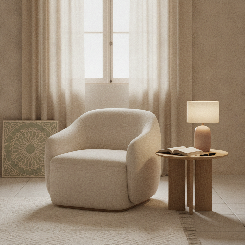 A quiet corner of a room with a single armchair and a cup of tea in soft morning light